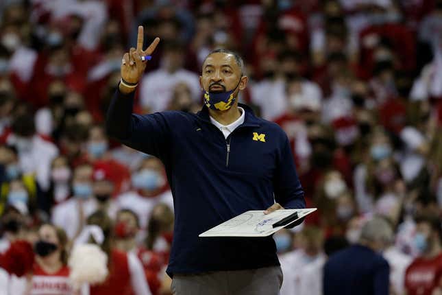 Michigan Wolverines Head Coach Juwan Howard calls out a play during the second half of the game against the Wisconsin Badgers at Kohl Center on February 20, 2022, in Madison, Wisconsin. 