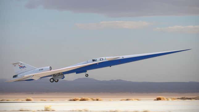 The NASA Quesst mission’s Lockheed Martin X-59 at take-off