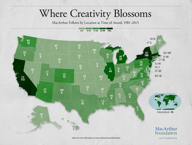 MacArthur Fellows' location at the time of award