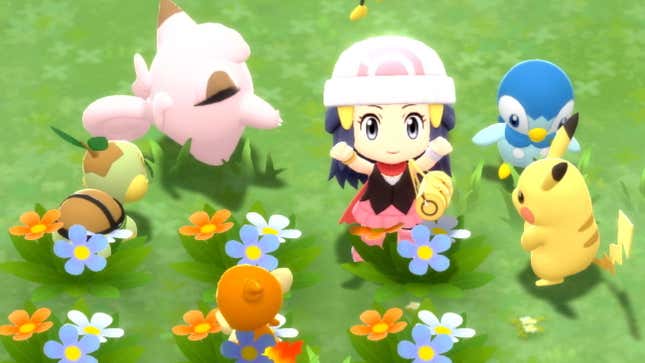 A young Pokémon trainr stands amid her Pokémon, arms in the air. They are surrounded by a field of flowers.