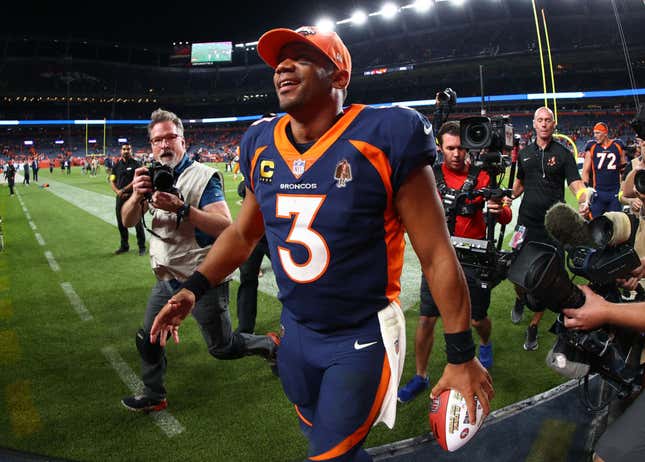 Russell Wilson #3 of the Denver Broncos reacts after defeating the San Francisco 49ers at Empower Field At Mile High on September 25, 2022, in Denver, Colorado