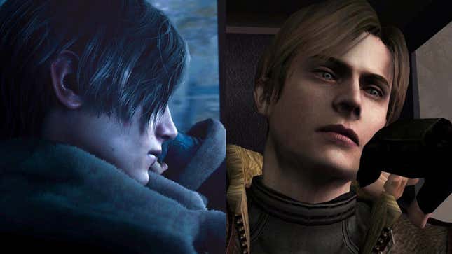 An image of Leon from the Resident Evil 4 remake is juxtaposed with Leon's original character design.
