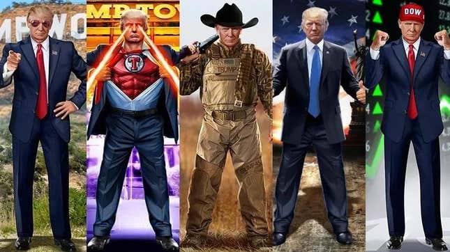Several images of Trump in different poses, including one with his eyes on fire and another of him decked out in hunting outfit
