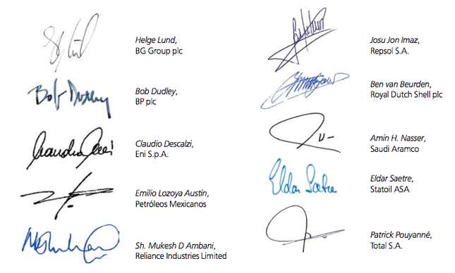 Image for article titled There is one glaring absence from a pledge by oil companies to help limit climate change