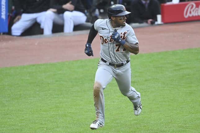 May 8, 2023; Cleveland, Ohio, USA; Detroit Tigers second baseman Andy Ibanez (77) runs the bases while scoring in the fourth inning against the Cleveland Guardians at Progressive Field.