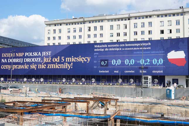 A banner on the building of the National Bank of Poland says &#39;Thanks to the NBP (National Bank of Poland) Poland is on a good path, for 5 months already prices have hardly changed!&#39; in Warsaw, Poland, on Thursday Sept. 7, 2023. The banner also shows the month-on-month increase in prices from April to August. The head of the bank, Adam Glapinski, said Thursday that the bank&#39;s large interest rate cut this week was justified because prices are stabilizing and an era of high inflation is ending. Poland&#39;s inflation rate was 10.1% in August. Central banks tend to raise interest rates, not cut them, amid high inflation, and both cut and Glapinski&#39;s comments caused the zloty currency to fall against other currencies. (AP Photo/Czarek Sokolowski)