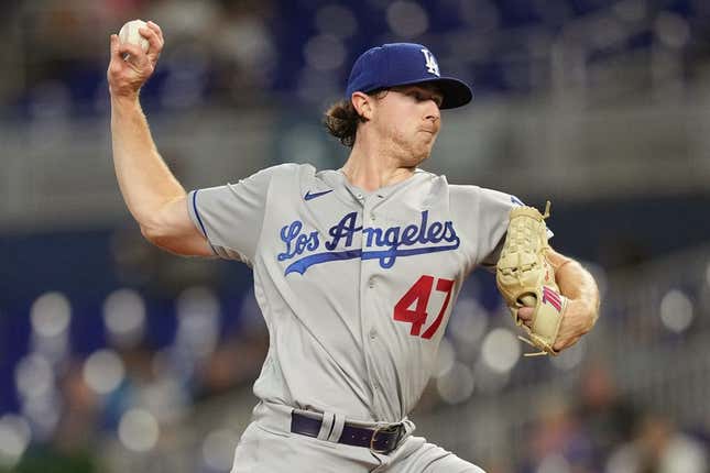 Sep 7, 2023; Miami, Florida, USA; Los Angeles Dodgers starting pitcher Ryan Pepiot (47) pitches against the Miami Marlins in the first inning at loanDepot Park.