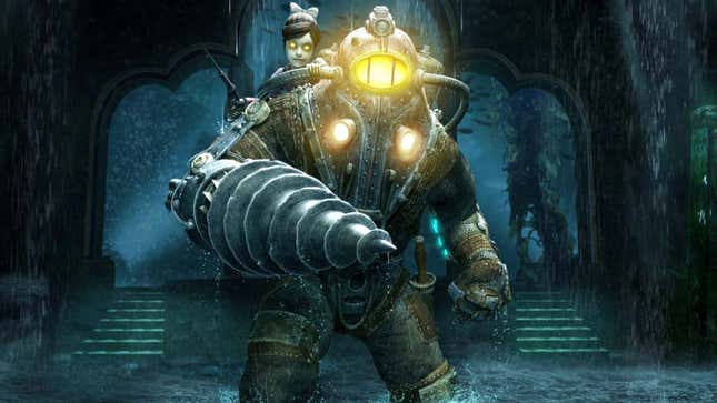 A screenshot of a large man in a armored diving suit carrying a little girl on his back with glowing eyes. 