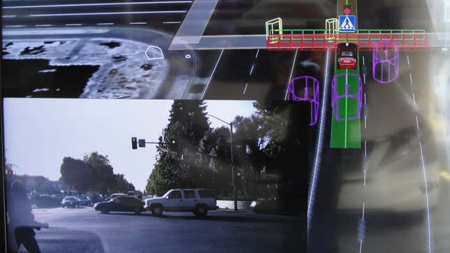 A photo of how a computer perceives objects on the road.