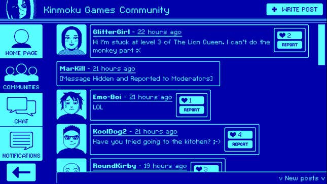 Un utilisateur nommé GlitterGirl demande de l'aide dans un jeu.  Un utilisateur répond, "As-tu essayé d'aller à la cuisine ?" 