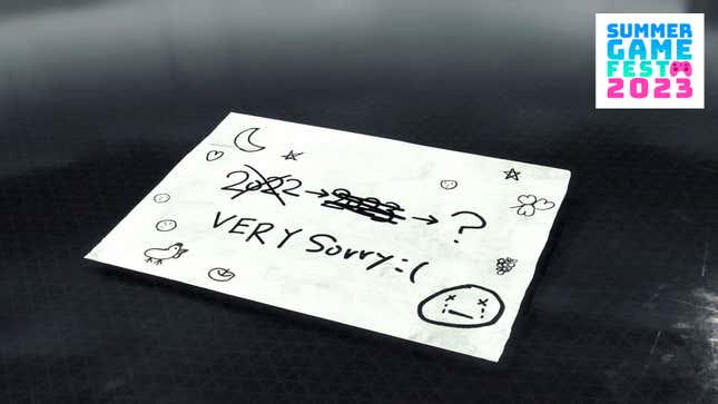A post-card on the floor shows 2022 and 2023 both crossed out, and an arrow pointing to a question mark.
