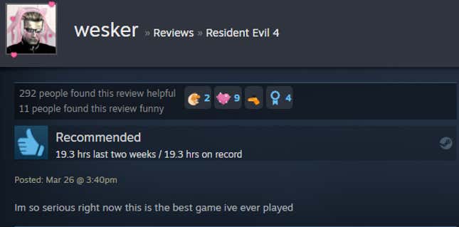 A screenshot of a Steam user text review for the game Resident Evil 4.