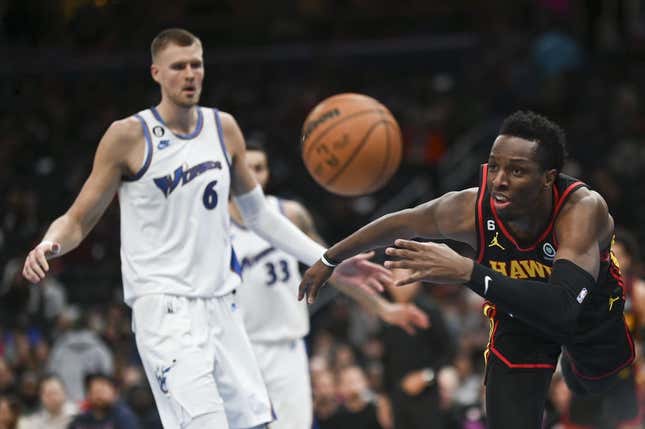 Mar 10, 2023; Washington, District of Columbia, USA;  Atlanta Hawks forward Onyeka Okongwu (17) divers for loose ball during the first half against the Washington Wizards at Capital One Arena.
