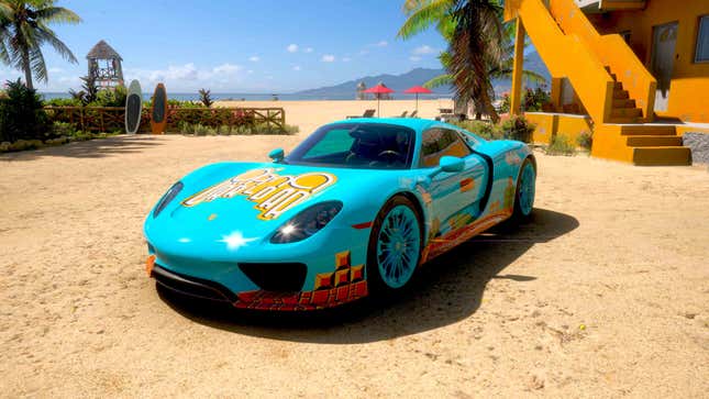 A Porsche 918 Spyder with a Mario Livery sits on a beach in Forza Horizon 5.