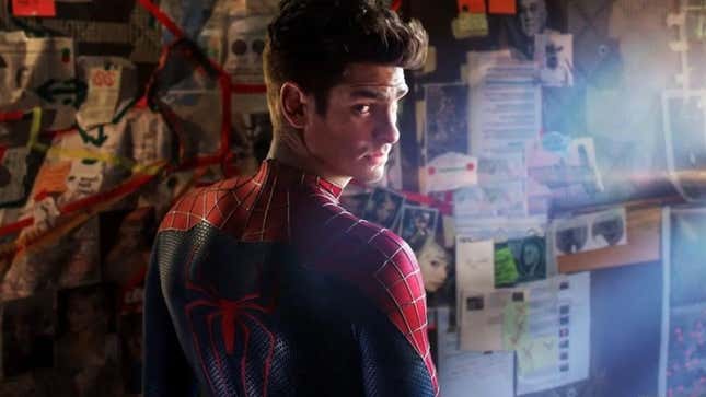 A maskless Spider-Man looks back over his shoulder while standing before a conspiracy theory wall.
