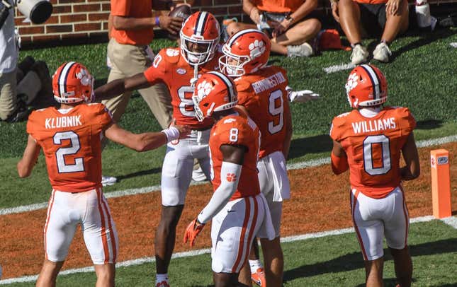 Sep 9, 2023; Clemson, South Carolina, USA; Clemson wide receiver Beaux Collins (80) celebrates with quarterback Cade Klubnik (2) and teammates after his touchdown during the third quarter at Memorial Stadium.