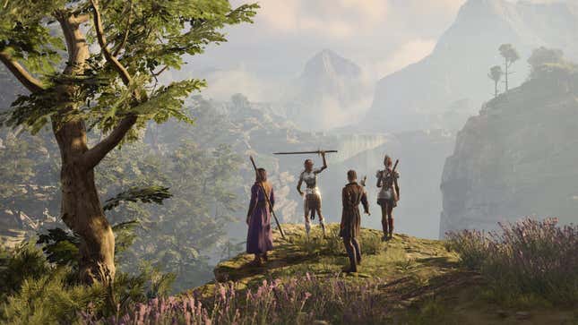 Four adventurers are seen standing on the edge of a cliff and looking out to the horizon.