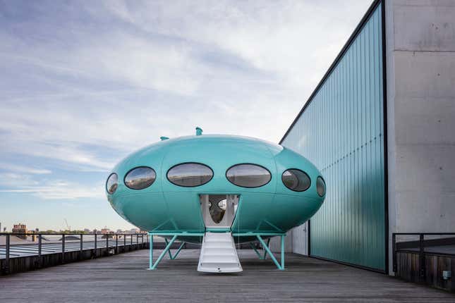 The restored Futuro house on the roof of Central Saint Martins.