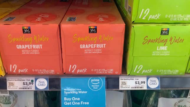 A deal on 365 sparkling water for Amazon Prime members at a Whole Foods in Berkeley, California.