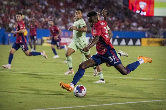 Aug 26, 2023; Frisco, Texas, USA; FC Dallas forward Eugene Ansah (31) in action during the game between FC Dallas and Austin FC at Toyota Stadium.