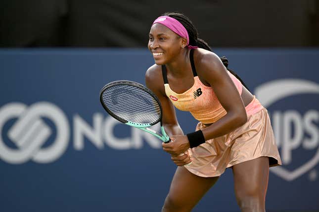 Coco Gauff competes during an exhibition match against Taylor Townsend at Atlantic Station on July 24, 2022 in Atlanta, Georgia. (Photo by Adam Hagy/Getty Images)