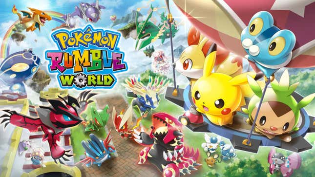 Pikachu, Chespin, Fennekin, and Froakie are seen in a hot air balloon floating over Groundoun, Kyogre, Charizard, Latios, Rayquaza, and other Pokemon.