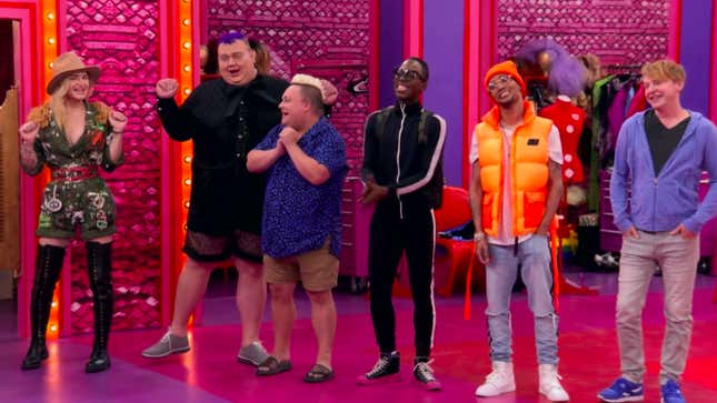 The top six queens of RuPaul's Drag Race All Stars, cheering excitedly when Snatch Game of Love is announced
