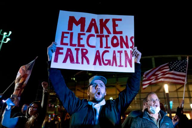 In this Nov. 5, 2020, file photo, Jake Contos, a supporter of President Donald Trump, chants during a protest against the election results outside the central counting board at the TCF Center in Detroit. A review by The Associated Press in the six battleground states disputed by former President Trump has found fewer than 475 cases of potential voter fraud, a minuscule number that would have made no difference in the 2020 presidential election. Democrat Joe Biden won Arizona, Georgia, Michigan, Nevada, Pennsylvania and Wisconsin and their 79 Electoral College votes by a combined 311,257 votes out of 25.5 million ballots cast for president.