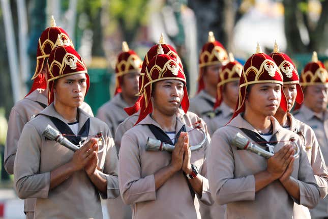 Thai soldiers rehearsing for the coronation procession.