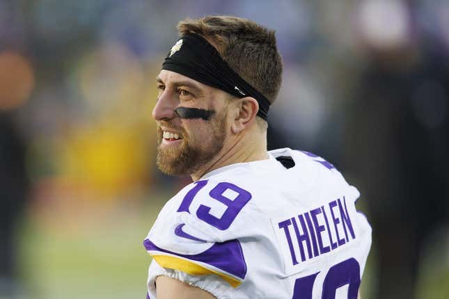 Jan 1, 2023; Green Bay, Wisconsin, USA;  Minnesota Vikings wide receiver Adam Thielen (19) during warmups prior to the game against the Green Bay Packers at Lambeau Field.