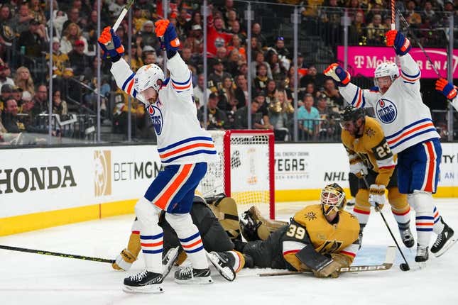 May 6, 2023; Las Vegas, Nevada, USA; Edmonton Oilers center Leon Draisaitl (29) celebrates after scoring a goal against the Vegas Golden Knights during the first period of game two of the second round of the 2023 Stanley Cup Playoffs at T-Mobile Arena.