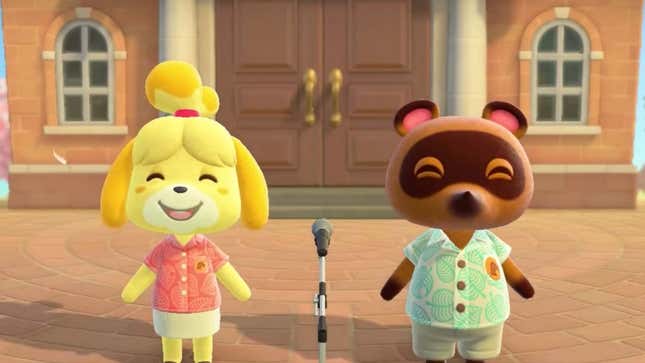 A screenshot shows Tom Nook and Isabelle from Animal Crossing. 
