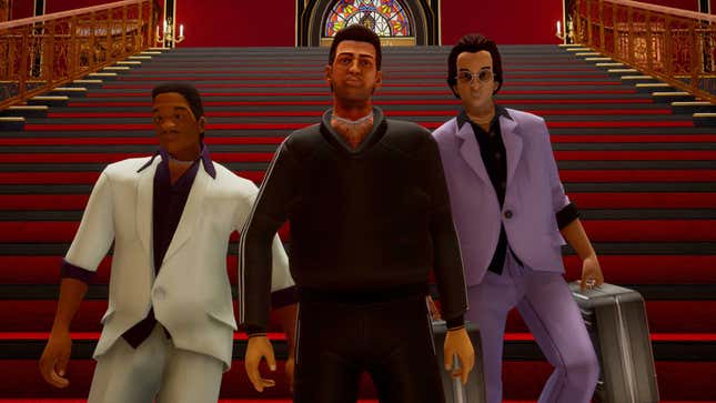 An image from Grand Theft Auto: The Trilogy - The Definitive Edition of three people smartly dressed in suits walking down an ornate staircase.