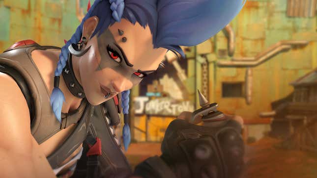 An Overwatch 2 image of tank hero Junker Queen staring into the camera.