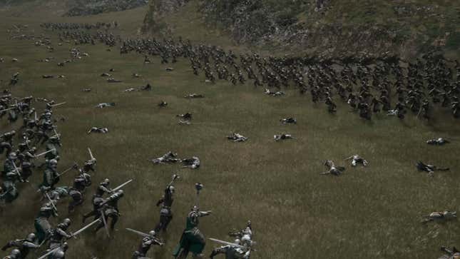 Two armies wage war against eachother with dead bodies on the ground.