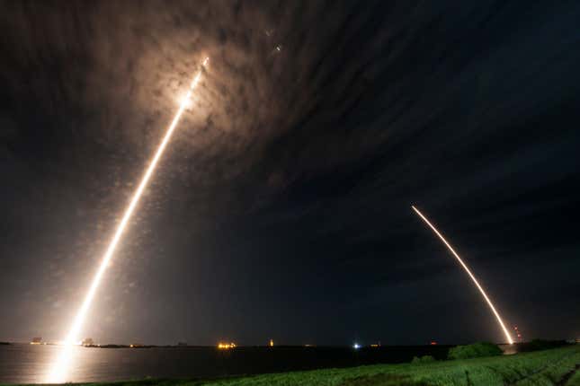 Image for article titled A SpaceX rocket launches and returns to earth in a single, stunning timelapse photo