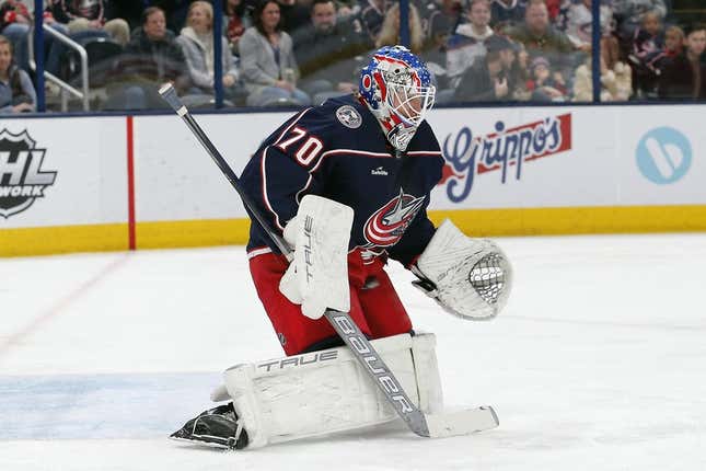 Feb 25, 2023; Columbus, Ohio, USA; Columbus Blue Jackets goalie Joonas Korpisalo (70) makes a save against the Edmonton Oilers during the first period at Nationwide Arena.