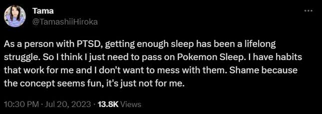 A tweet reads "As a person with PTSD, getting adequate sleep has been a lifelong struggle.  So I think I'll just have to forego Pokemon Sleep.  I have habits that work for me that I don't want to mess with.  Too bad because the concept seems fun, it's just not for me."