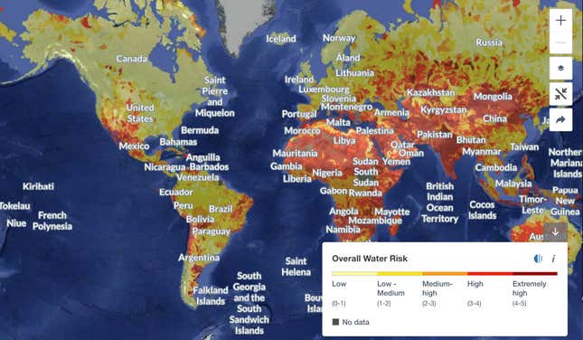 A map from World Resource Institute's Aqueduct tool shows water risks across different continents