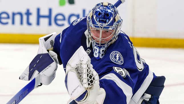 Tampa Bay’s Andrei Vasilevskiy makes a save against the Florida Panthers during the third period in Game Three of the Second Round of the 2022 Stanley Cup Playoffs at Amalie Arena on May 22, 2022 in Tampa, Florida. 