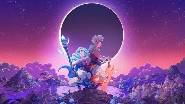 The main characters from Sea oef Stars crouch atop a small hill, their weapons in hand. An eclipse is int he sky behind them, which is reddish and purple. 
