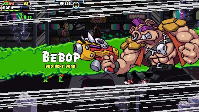 The splashscreen for the first boss fight, Bebop, in Shredder's Revenge.
