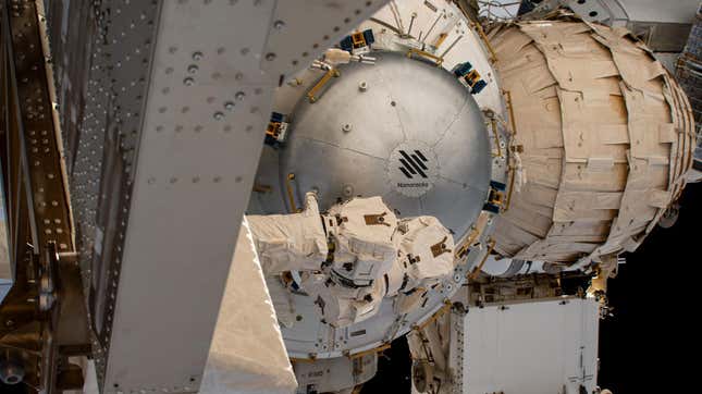 The NanoRacks Bishop airlock is pictured after its was installed on the ISS