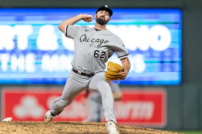 Apr 11, 2023; Minneapolis, MN, USA; Chicago White Sox starting pitcher Jesse Scholtens (62) shoots to Minnesota Twins center fielder Michael A. Taylor ( 2) Pitching.