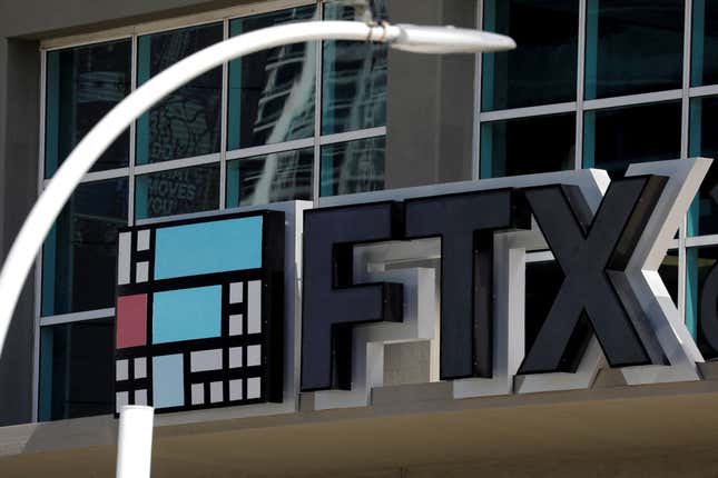 The logo of FTX is seen at the entrance of the FTX Arena in Miami, Florida, U.S., November 12, 2022.