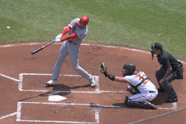 May 18, 2023; Baltimore, Maryland, USA;  Los Angeles Angels designated hitter Shohei Ohtani (17) swings through a first inning home run against the Baltimore Orioles at Oriole Park at Camden Yards.