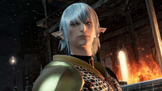 A gray-haired elf offers someone off-camera a wry grin.