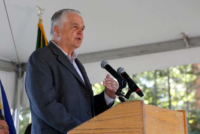 Nevada Gov. Steve Sisolak speaks at the 23rd Annual Lake Tahoe Summit, Tuesday, at South Lake Tahoe, Calif., Tuesday, Aug. 20, 2019. The summit is a gathering of federal, state and local leaders to discuss the restoration and the sustainability of Lake Tahoe. 