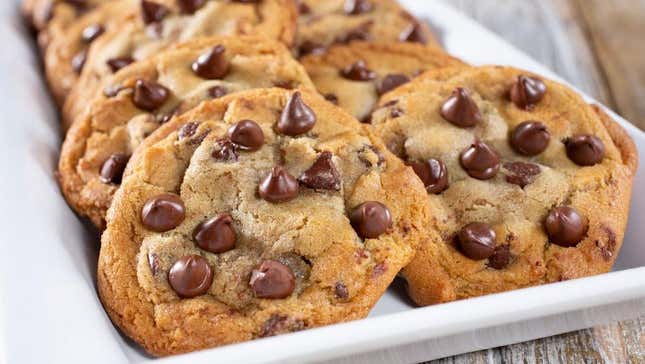 Chocolate chip cookies on white plate