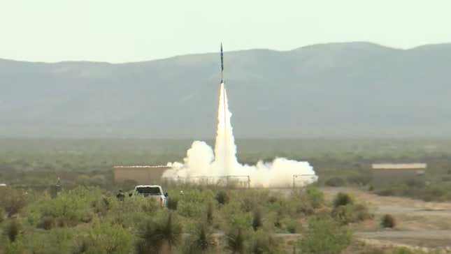 The UP Aerospace rocket shortly before its exploded on Monday, May 1, 2023.